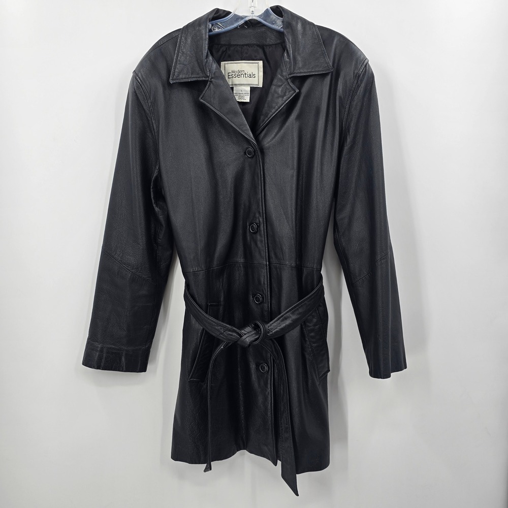 Modern Essentials Jacket Womens Large Black Genuine Leather Trench Coat Belted